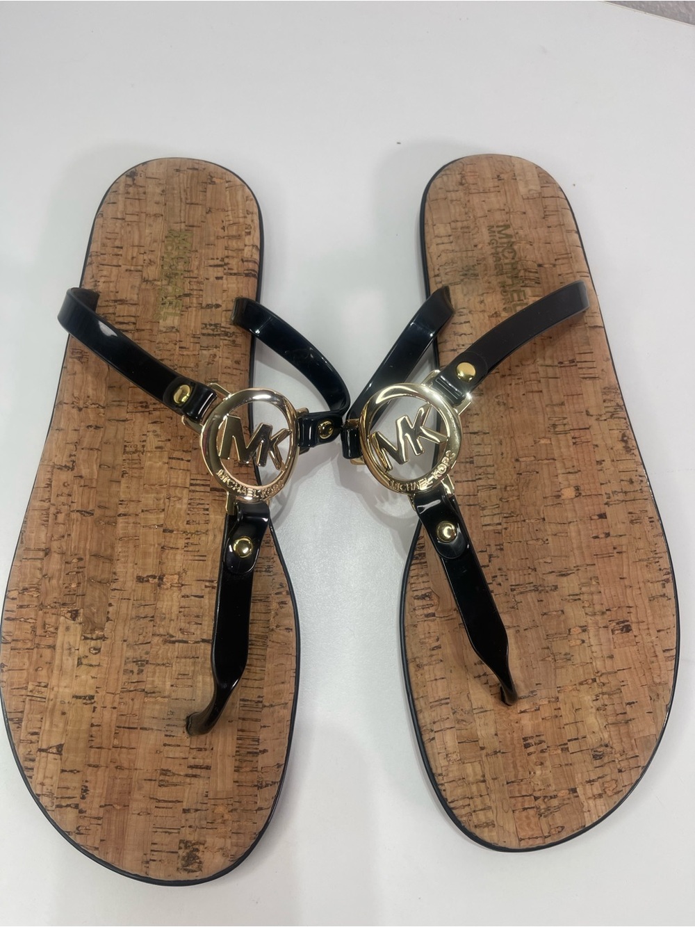 Michael Kors Black Jelly Cork Thongs Flat Sandals 11 M MK Gold Logo Flip Flops